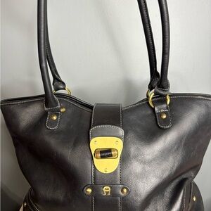 Etienne Aigner Black Leather Shoulder Bag with Gold Accents